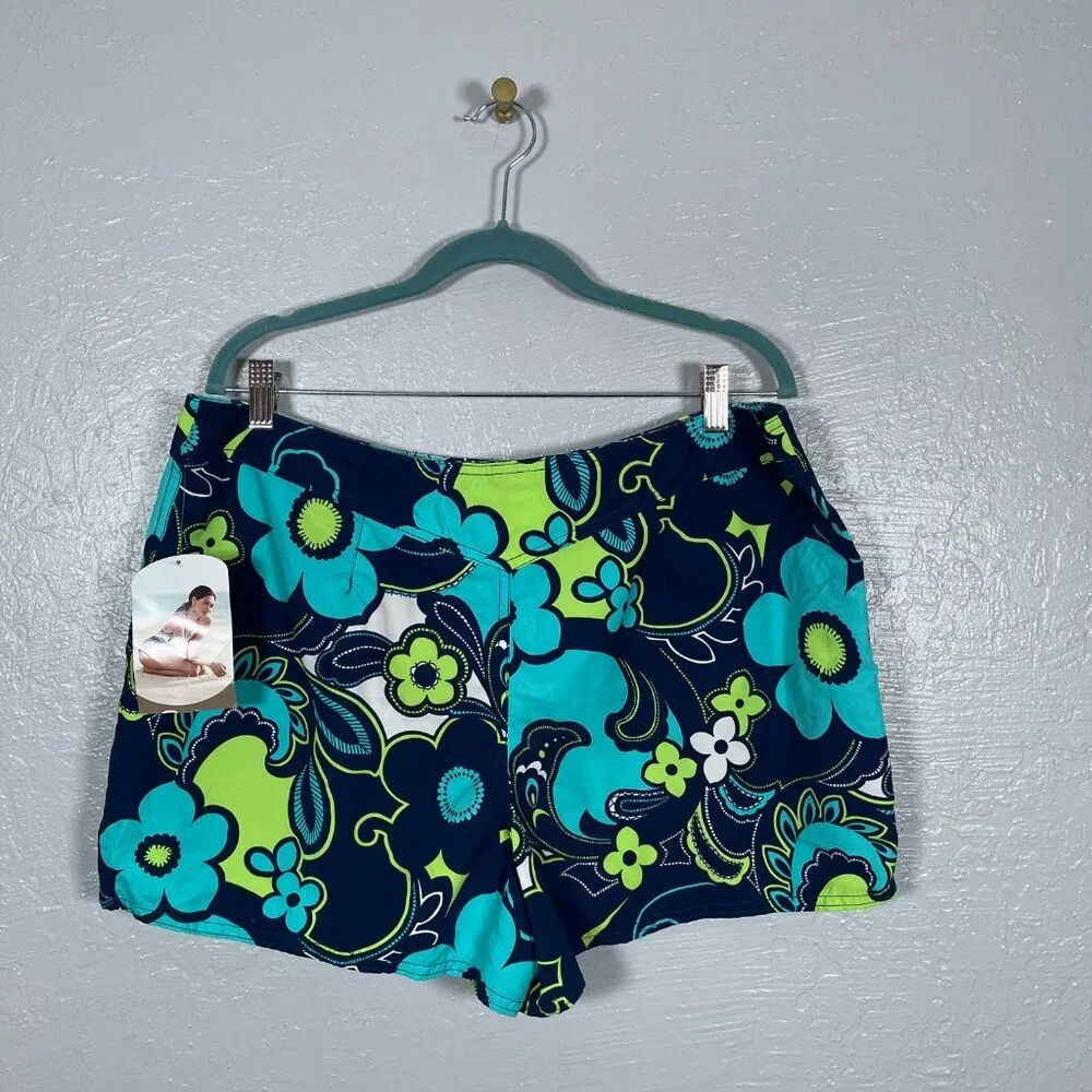 Vintage Catalina Girls XL Blue Green Floral Board Short Tankini Set Coconut Girl